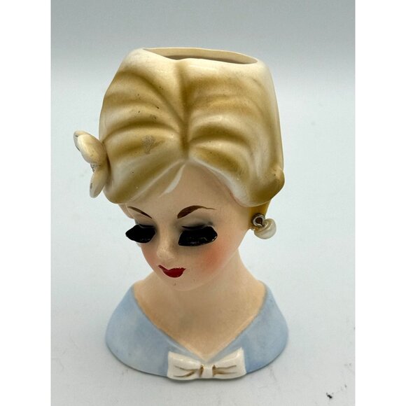 Enesco 4.5  " Lady Head Vase Blue Dress Blonde With Flower VTG Long Lashes As Is - Picture 3 of 8